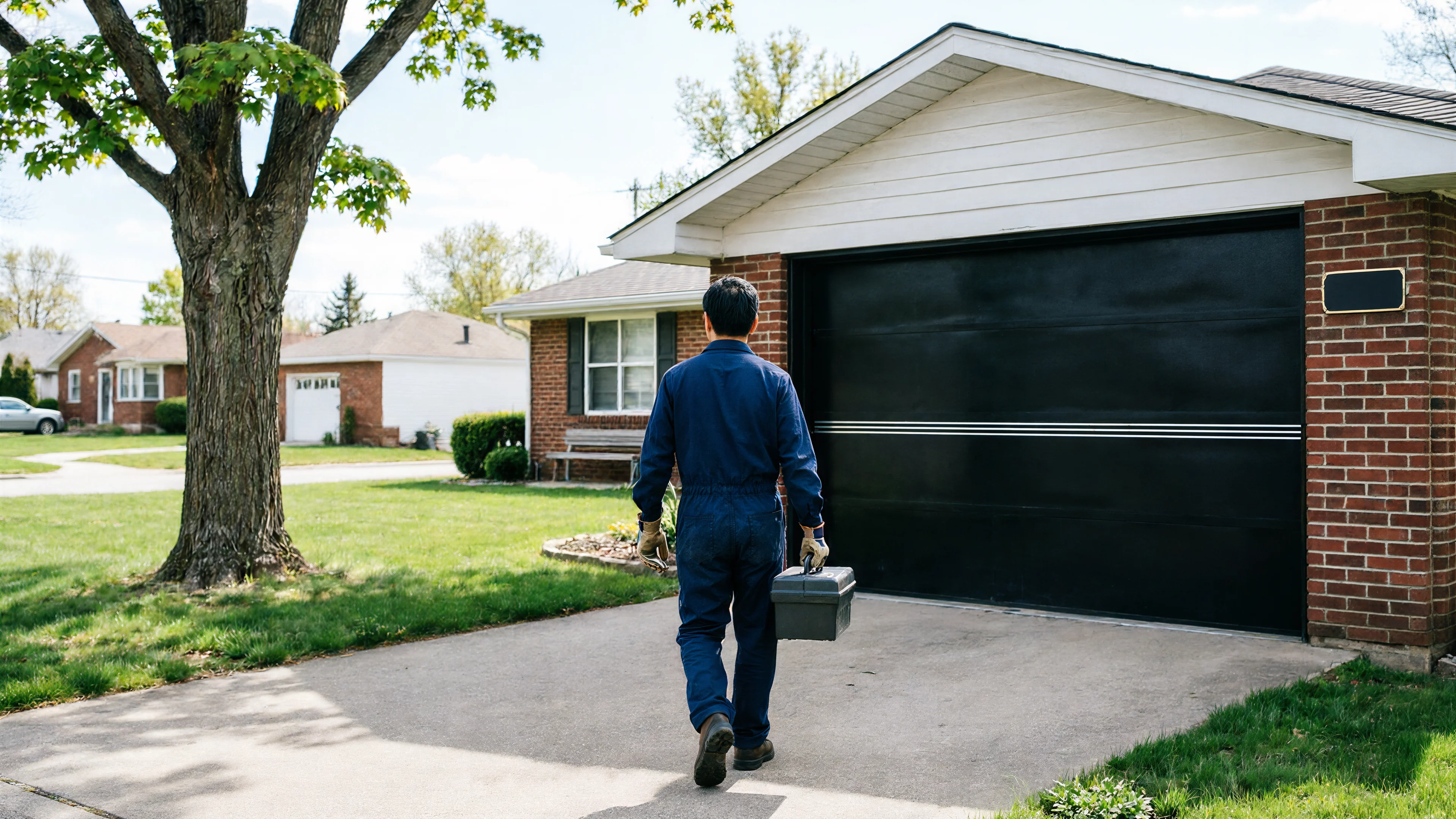 A technician in a blue jumpsuit carries a toolbox toward a black garage door.